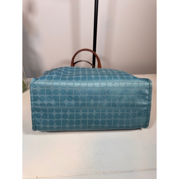 Kate Spade New York Aqua Blue Dot Noel Jacquard Tote Bag with Tan Leather Trim - Picture 3 of 7